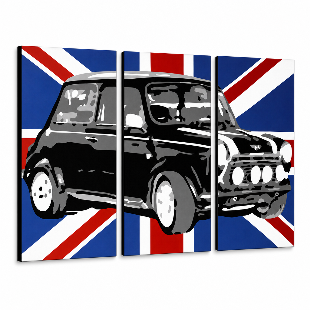 Ročno poslikana slika na platnu z motivom črno-bel mini avto na britanski zastavi – 3D prikaz platna z vidnim lesenim okvirjem, Papilora.