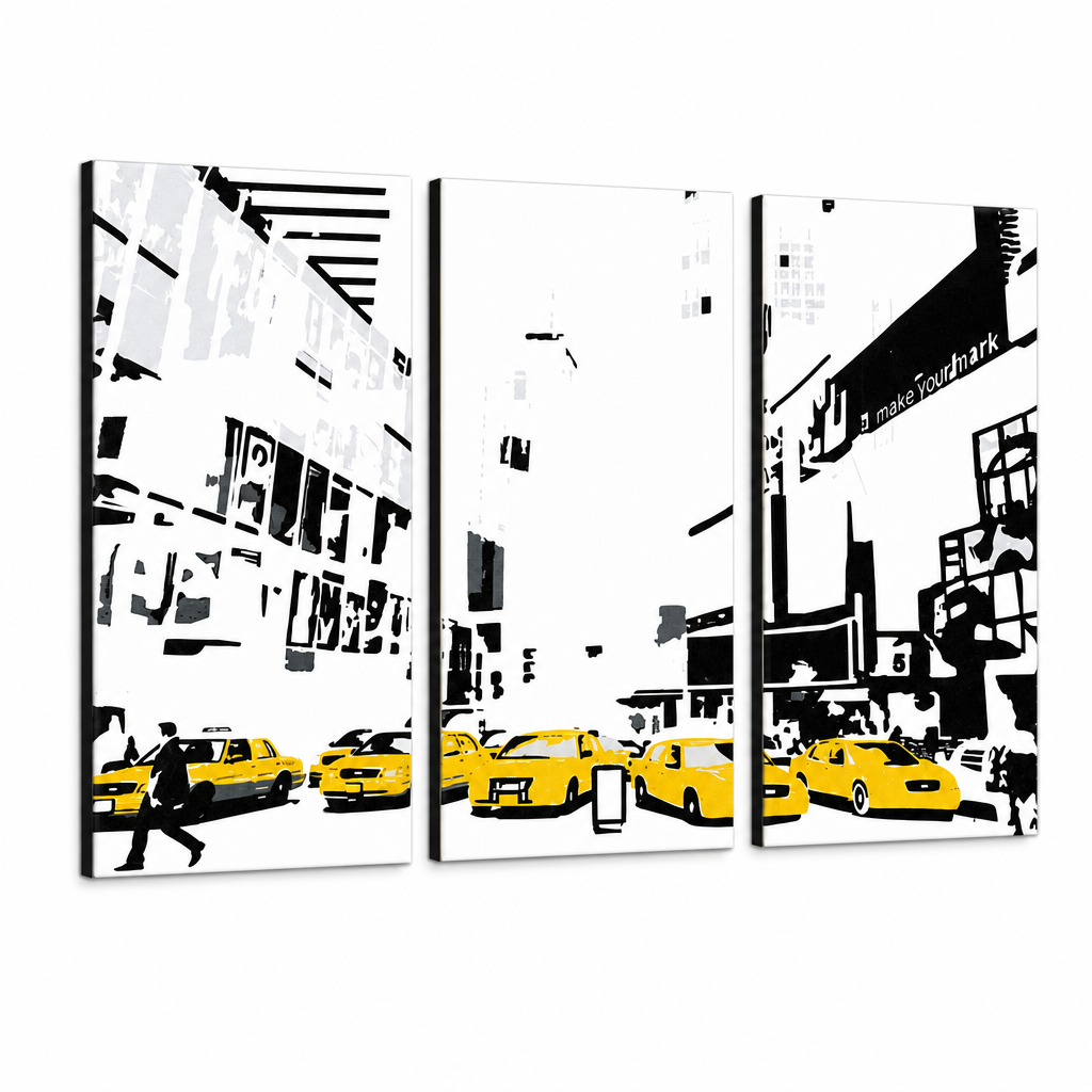 Ročno poslikano slikarstvo POP Art NEW YORK 3 kos 0107 nyc – 3D vizualizacija ročno poslikanega platna na belem ozadju. Prevladujoče barve: rumena, črna, bela.