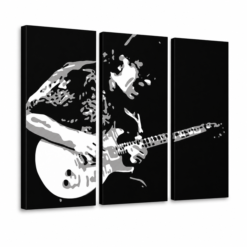 Ročno poslikano slikarstvo POP Art Santana 3 kosi san – 3D vizualizacija ročno poslikanega platna na belem ozadju. Prevladujoče barve: črna, bela, siva.