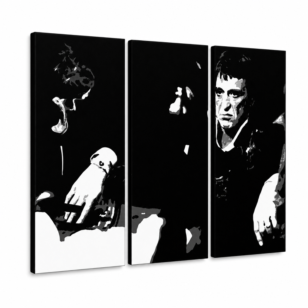 Ročno poslikano slikarstvo POP Art SCARFACE-AL PACINO 6 kosov al5 – 3D vizualizacija ročno poslikanega platna na belem ozadju. Prevladujoče barve: črna, bela.