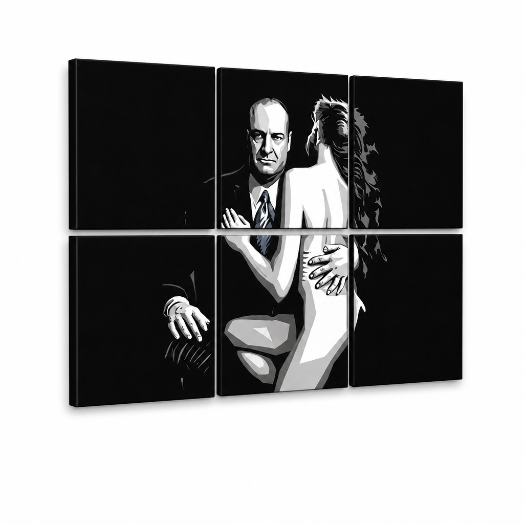 Ročno poslikano slikarstvo POP Art SOPRANOS 6 kosov sop2 – 3D vizualizacija ročno poslikanega platna na belem ozadju. Prevladujoče barve: črna, bela, modra.