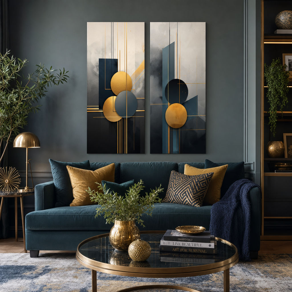 Set 2 slik Art Deco Eleganca Papilora z motivoma Svet v gibanju in Življenjska pot, obešen nad kavčem v elegantni dnevni sobi.