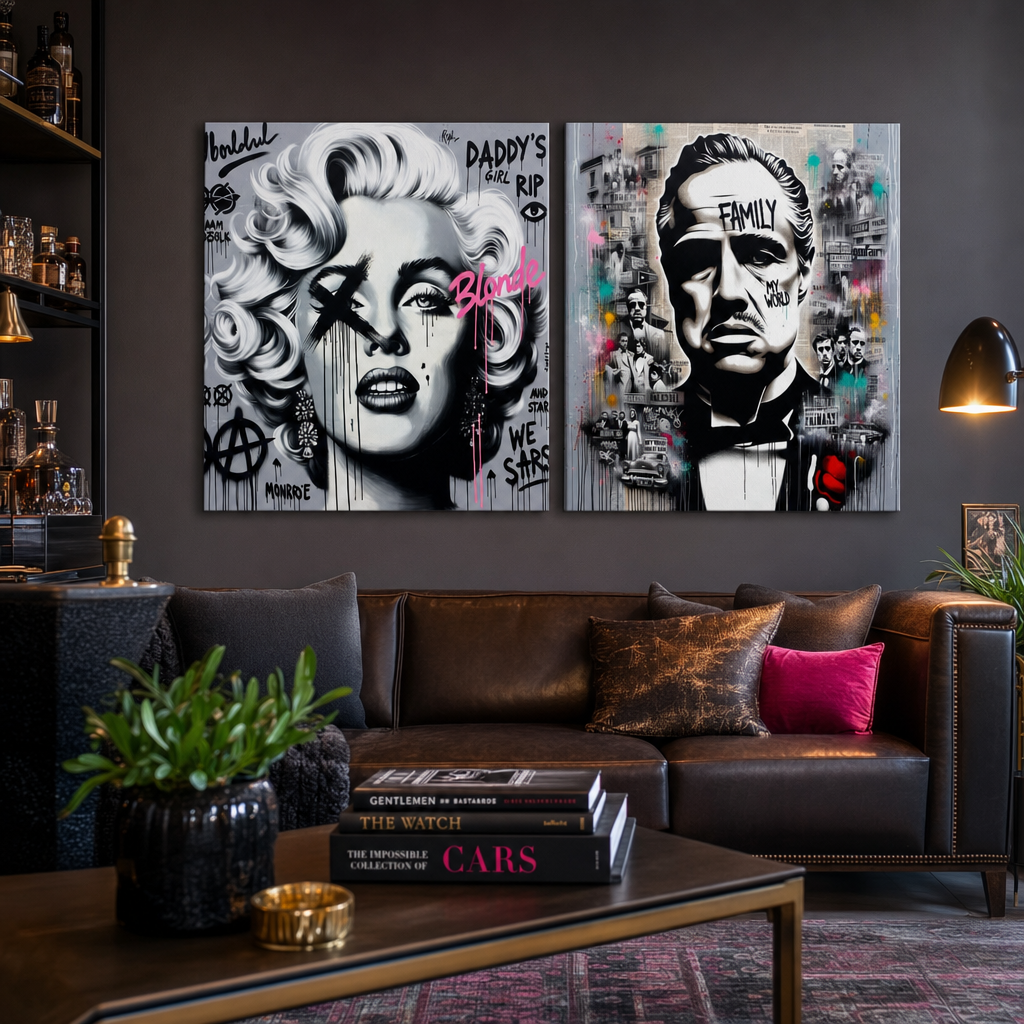 Set 2 slik Filmske Legende nad sedežno garnituro v dnevni sobi – Marilyn Monroe in Krstni oče v črno-belem pop-art stilu, Papilora.