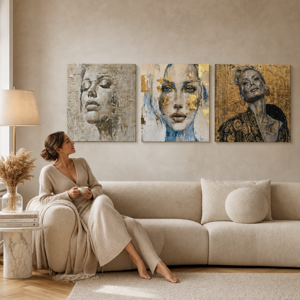 Set 3 slik Mystična ženska – Boginja, Pogled, Samozavest – premium platna Papilora nad kavčem v elegantni dnevni sobi.