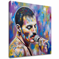 Slika Freddie Mercury – painterly pop-art portret, 3D canvas gallery-wrap ročno dodelan z akrilom