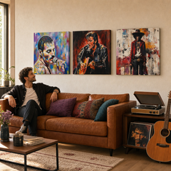 Set 3 slik Rock Legends Papilora nad kavčem v dnevni sobi – Freddie Mercury, Elvis Presley, Jimi Hendrix
