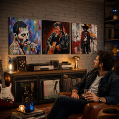 Set 3 slik Rock Legends v glasbeni sobi nad komodo – Freddie, Elvis, Hendrix