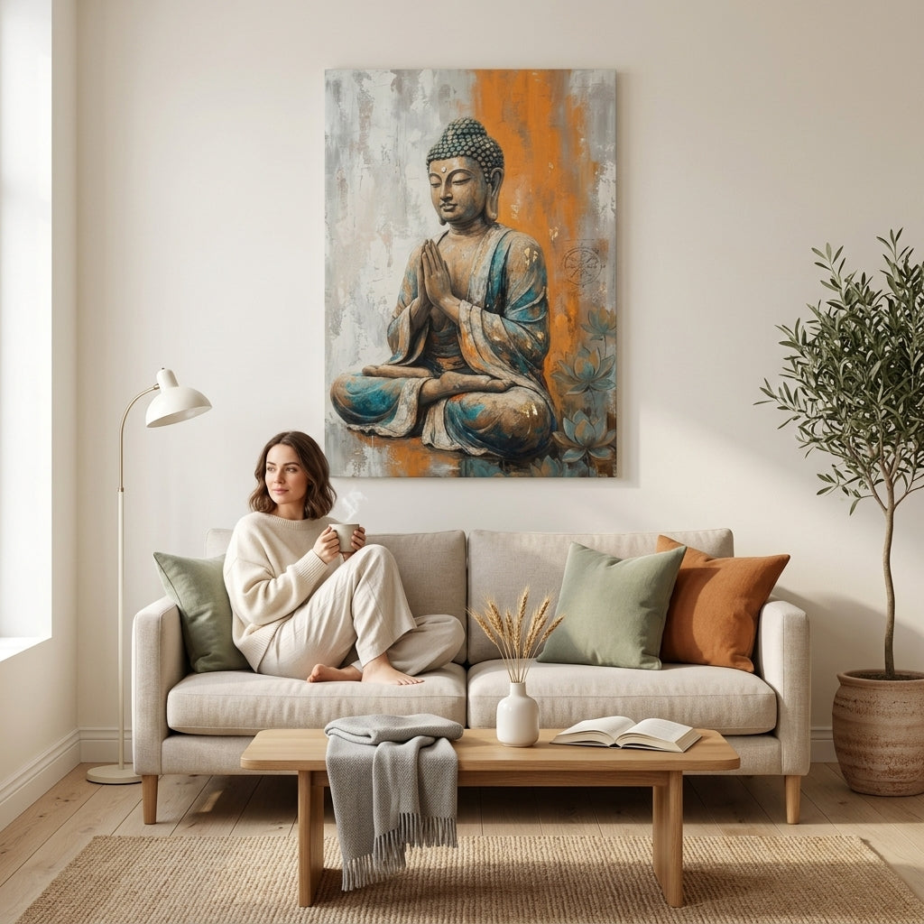 Moderna slika Bude v meditativni pozi, obešena nad elegantno konzolo v stilsko opremljeni dnevni sobi za harmonijo prostora.