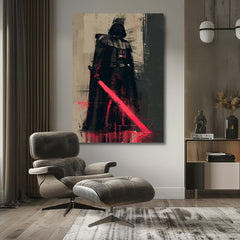 Ročno poslikana premium slika na platnu z zlatimi poudarki z motivom darth vader z rdečim svetlobnim mečem obešena v sodobnem stilskem interjerju nad leseno konzolo z vazo in svečo, Papilora.