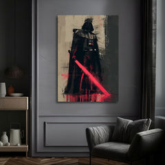 Ročno poslikana premium slika na platnu z zlatimi poudarki z motivom darth vader z rdečim svetlobnim mečem obešena v sodobnem stilskem interjerju nad leseno konzolo z vazo in svečo, Papilora.