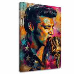 Ročno poslikana premium slika na platnu z zlatimi poudarki z motivom elvis presley poje v mikrofon, barvit – 3D prikaz platna z vidnim lesenim okvirjem, Papilora.