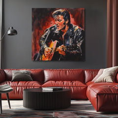 Ročno poslikana premium slika na platnu z zlatimi poudarki z motivom elvis presley poje in igra kitaro obešena v sodobnem stilskem interjerju nad leseno konzolo z vazo in svečo, Papilora.