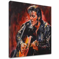 Ročno poslikana premium slika na platnu z zlatimi poudarki z motivom elvis presley poje in igra kitaro – 3D prikaz platna z vidnim lesenim okvirjem, Papilora.