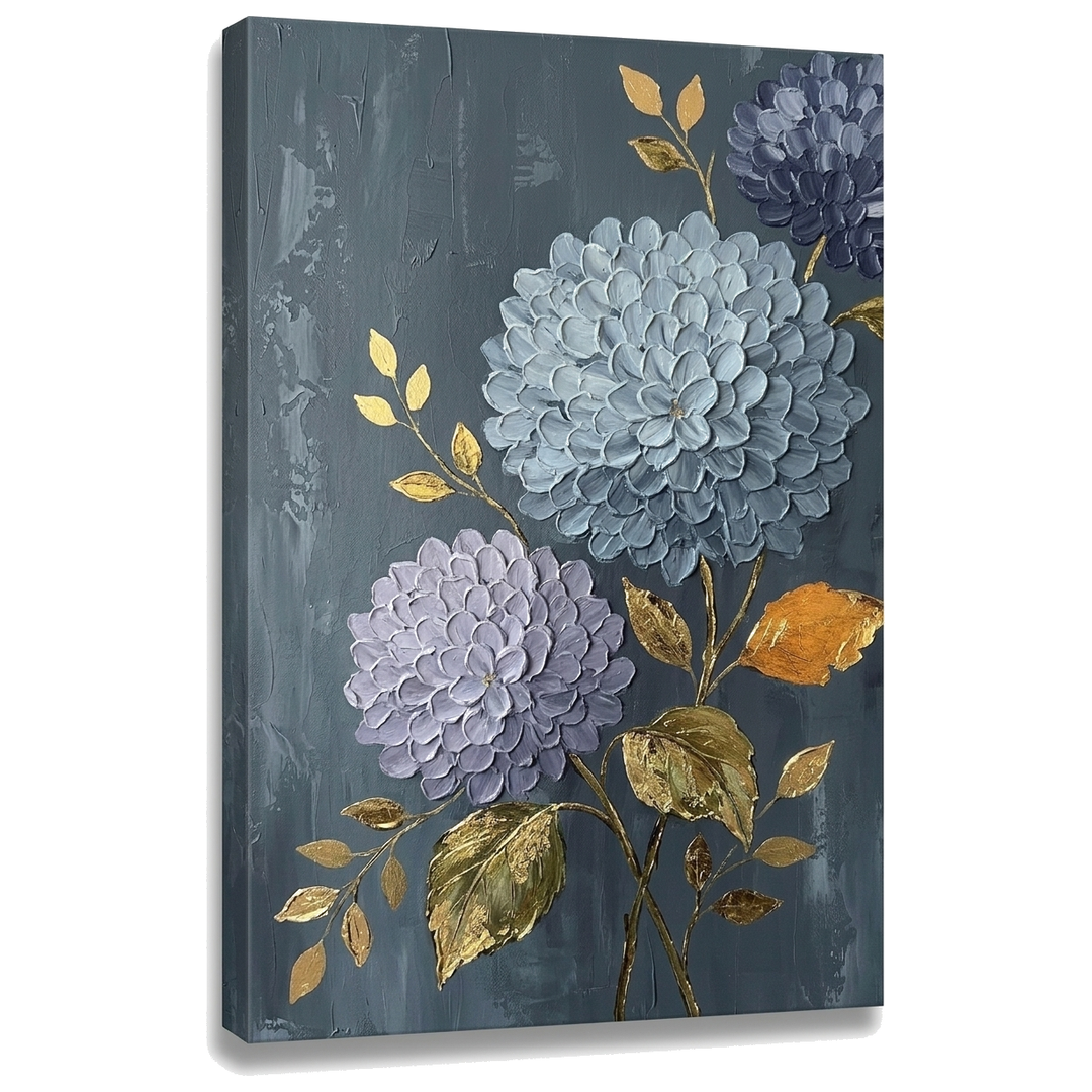 Slika hortenzije na platnu s 3D teksturo in vidnim lesenim okvirjem, Papilora Premium Art.