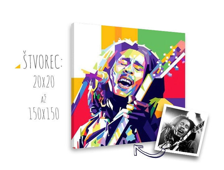Slika na platnu z motivom bob marley z barvito kitaro – 3D prikaz platna z vidnim lesenim okvirjem, Papilora.