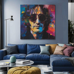 Ročno poslikana premium slika na platnu z zlatimi poudarki z motivom portret Johna Lennona v pop art slogu obešena v sodobnem stilskem interjerju nad leseno konzolo z vazo in svečo, Papilora.