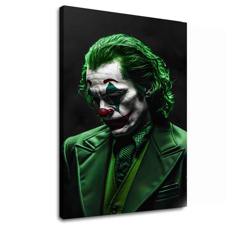 Slika na platnu z motivom joker v zelenem kostumu – 3D prikaz platna z vidnim lesenim okvirjem, Papilora.