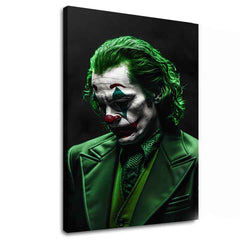 Slika na platnu z motivom joker v zelenem kostumu – 3D prikaz platna z vidnim lesenim okvirjem, Papilora.