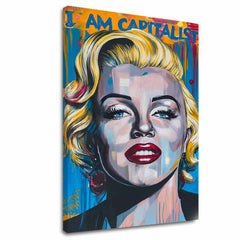 Ročno poslikana premium slika na platnu z zlatimi poudarki z motivom pop art portret Marilyn Monroe – 3D prikaz platna z vidnim lesenim okvirjem, Papilora.