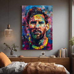 Ročno poslikana premium slika na platnu z zlatimi poudarki z motivom portret moškega z brado v pop art slogu obešena v sodobnem stilskem interjerju nad leseno konzolo z vazo in svečo, Papilora.