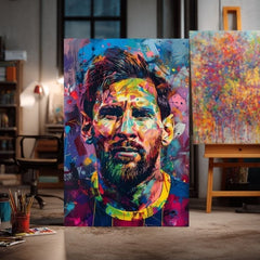 Ročno poslikana premium slika na platnu z zlatimi poudarki z motivom portret moškega z brado v pop art slogu obešena v sodobnem stilskem interjerju nad leseno konzolo z vazo in svečo, Papilora.