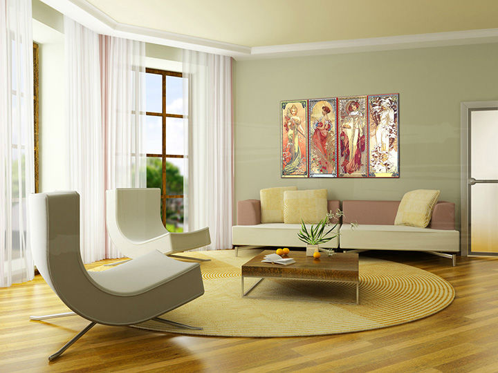 Slika na platnu z motivom štiri ženske figure v art nouveau slogu obešena v sodobnem stilskem interjerju nad leseno konzolo z vazo in svečo, Papilora.