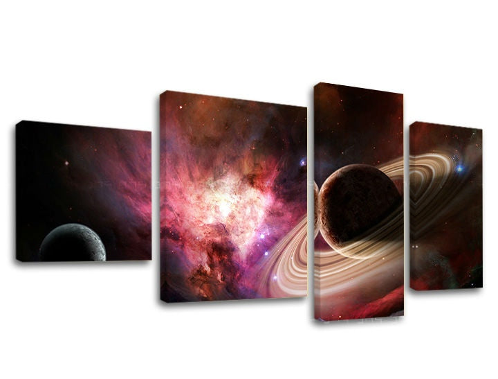 Slika na platnu z motivom vesolje z galaksijo in planeti – 3D prikaz platna z vidnim lesenim okvirjem, Papilora.