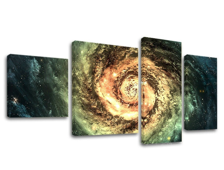 Slika na platnu z motivom spiralna galaksija in zvezde – 3D prikaz platna z vidnim lesenim okvirjem, Papilora.