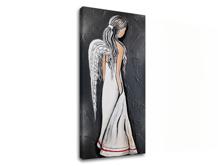 Slika na platnu z motivom angel v beli obleki – 3D prikaz platna z vidnim lesenim okvirjem, Papilora.
