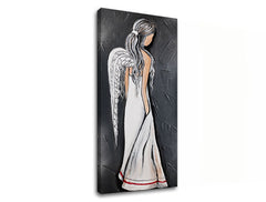 Slika na platnu z motivom angel v beli obleki – 3D prikaz platna z vidnim lesenim okvirjem, Papilora.