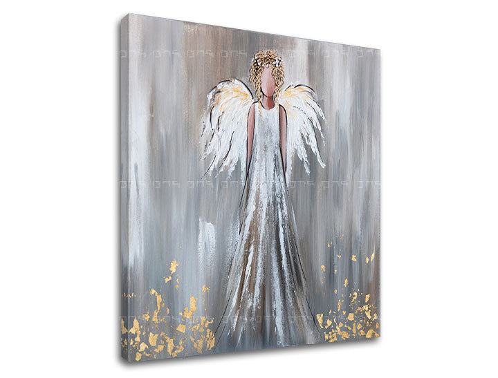 Art deco slika na platnu z motivom angela v belo-sivih odtenkih, vrhunska kakovost z zlatimi lističi za sodobno dnevno sobo, Papilora.