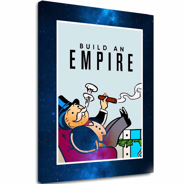 Slika na platnu z motivom monopoly man kadi cigaro – 3D prikaz platna z vidnim lesenim okvirjem, Papilora.