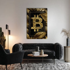 Slika na platnu z motivom zlati bitcoin simbol na temnih listih obešena v sodobnem stilskem interjerju nad leseno konzolo z vazo in svečo, Papilora.