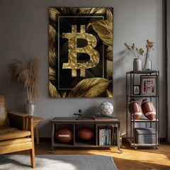 Slika na platnu z motivom zlati bitcoin simbol na temnih listih obešena v sodobnem stilskem interjerju nad leseno konzolo z vazo in svečo, Papilora.