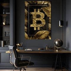 Slika na platnu z motivom zlati bitcoin simbol na temnih listih obešena v sodobnem stilskem interjerju nad leseno konzolo z vazo in svečo, Papilora.