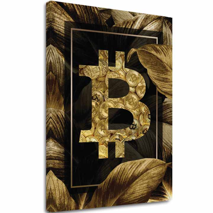 Slika na platnu z motivom zlati bitcoin simbol na temnih listih – 3D prikaz platna z vidnim lesenim okvirjem, Papilora.