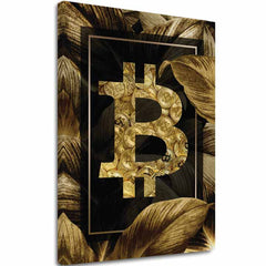 Slika na platnu z motivom zlati bitcoin simbol na temnih listih – 3D prikaz platna z vidnim lesenim okvirjem, Papilora.