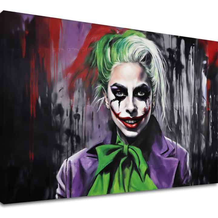 Slika na platnu z motivom ženska kot joker z zelenimi lasmi – 3D prikaz platna z vidnim lesenim okvirjem, Papilora.