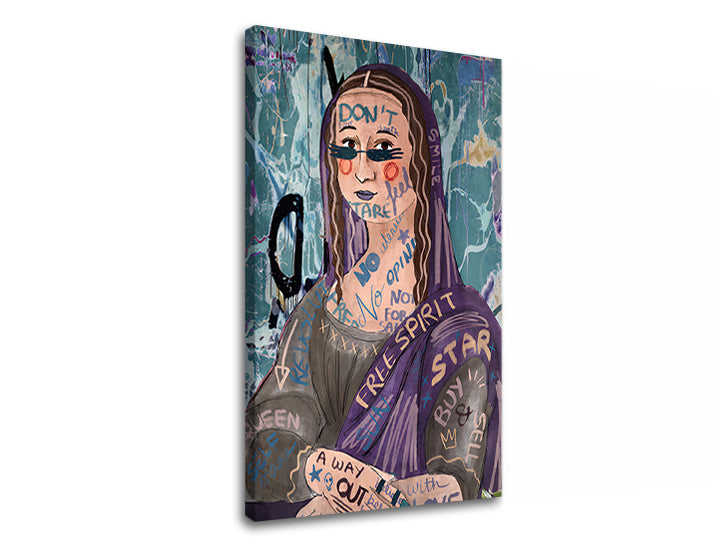 Slika na platnu z motivom grafitna mona lisa z napisi – 3D prikaz platna z vidnim lesenim okvirjem, Papilora.
