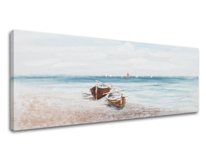 Slika na platnu z motivom čolni na peščeni plaži – 3D prikaz platna z vidnim lesenim okvirjem, Papilora.