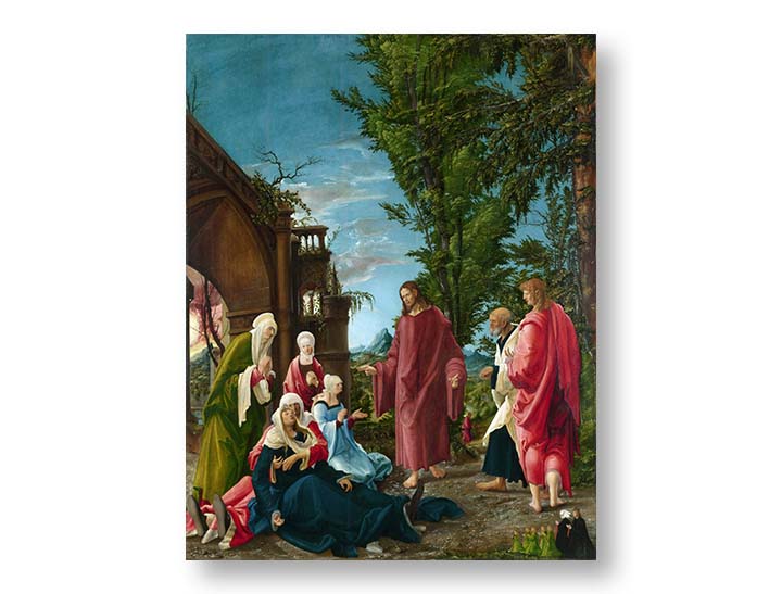 Slika na platnu z motivom Jezus in Marija z drugimi figurami obešena v sodobnem stilskem interjerju nad leseno konzolo z vazo in svečo, Papilora.
