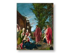Slika na platnu z motivom Jezus in Marija z drugimi figurami obešena v sodobnem stilskem interjerju nad leseno konzolo z vazo in svečo, Papilora.