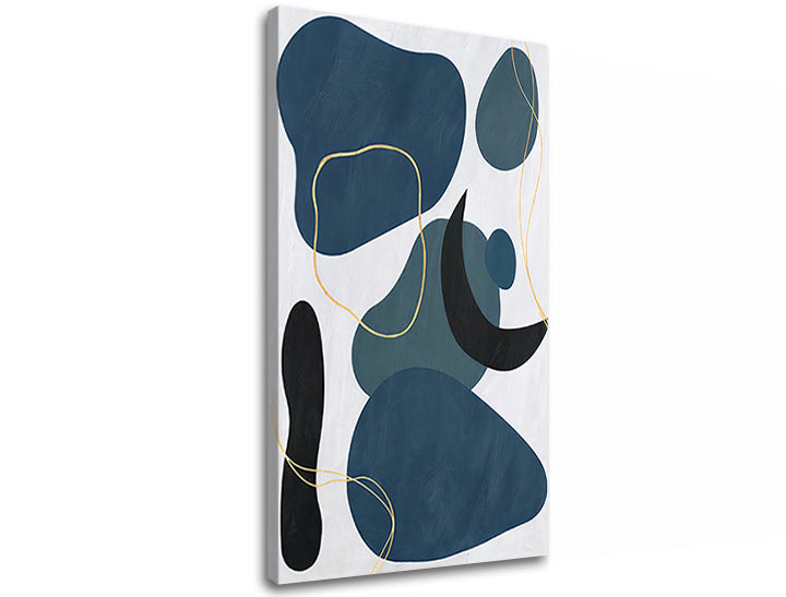 Slika na platnu z motivom abstraktne modre in črne oblike z zlatimi črtami – 3D prikaz platna z vidnim lesenim okvirjem, Papilora.