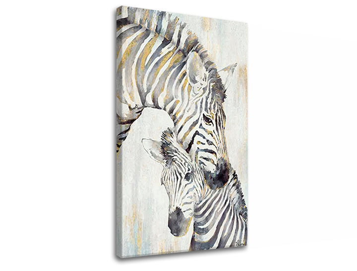 Slika na platnu z motivom zebra in žrebe, siva in zlata – 3D prikaz platna z vidnim lesenim okvirjem, Papilora.