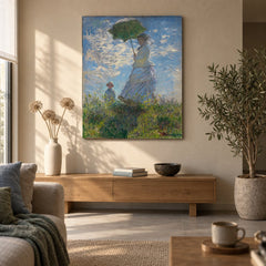Slika na platnu Žena s senčnikom – Claude Monet v dnevni sobi
