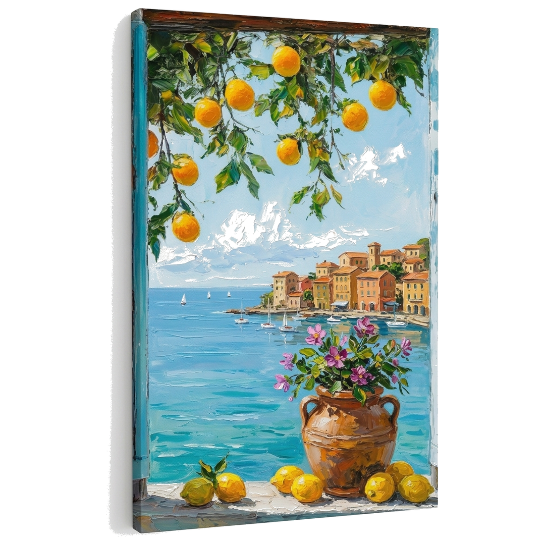 Slika pogled na sredozemsko obalo z limonami na platnu – 3D vizualizacija canvasa z vidnim lesenim okvirjem, Papilora Premium Art.