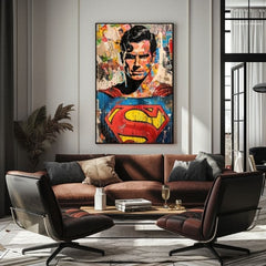 Ročno poslikana premium slika na platnu z zlatimi poudarki z motivom superman s logotipom in kolažem obešena v sodobnem stilskem interjerju nad leseno konzolo z vazo in svečo, Papilora.