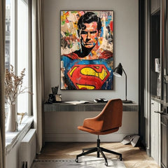 Ročno poslikana premium slika na platnu z zlatimi poudarki z motivom superman s logotipom in kolažem obešena v sodobnem stilskem interjerju nad leseno konzolo z vazo in svečo, Papilora.