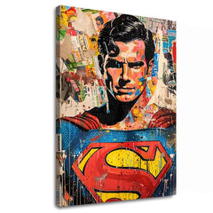 Ročno poslikana premium slika na platnu z zlatimi poudarki z motivom superman s logotipom in kolažem – 3D prikaz platna z vidnim lesenim okvirjem, Papilora.