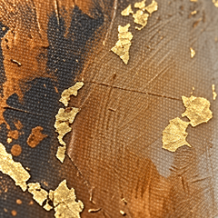 Makro posnetek ročno nanesene 3D impasto teksture in zlatih detajlov na površini platna Papilora Crafted for Home.